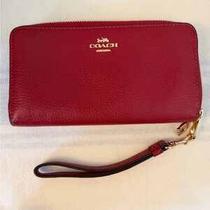 Coach Red Leather Zip Wristlet with Gold Accents